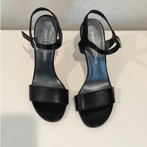 Stuart Weitzman Black Leather Ankle-Strap Sandal, Heel, Size 8.5